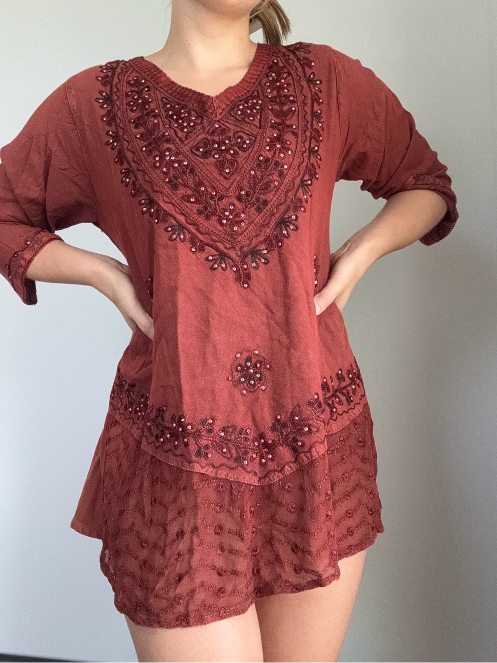 Embroidered V-Neck Tunic Top in Rust